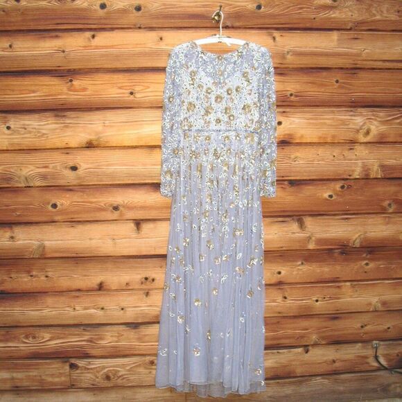 Mac Duggal 5533 Platinum Embellished High Neck Long Sleeve A Line Gown Dress - Picture 5 of 13